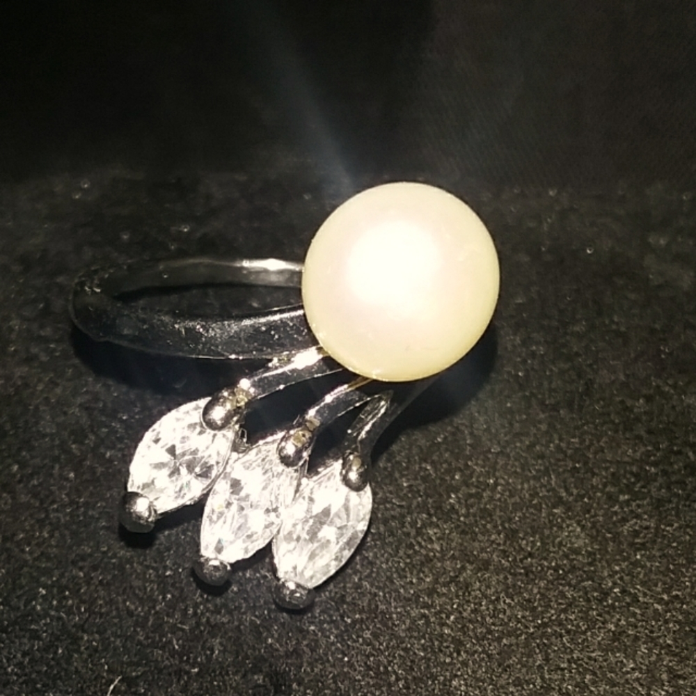 Genuine Fresh Water Pearl And Crystals  Platinum Overlay Ring U.S. Size 9.5